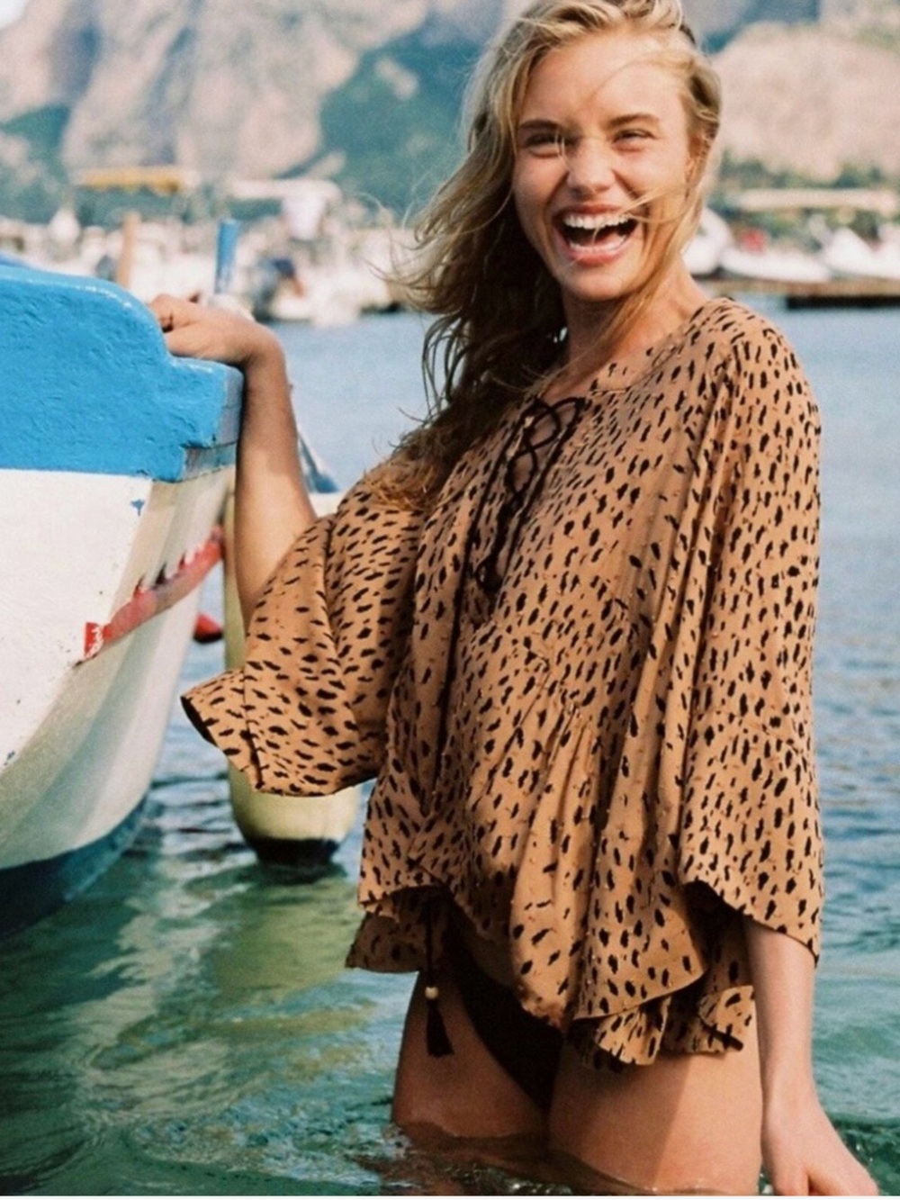Auguste The Label Tan Leopard-Print Peasant Top